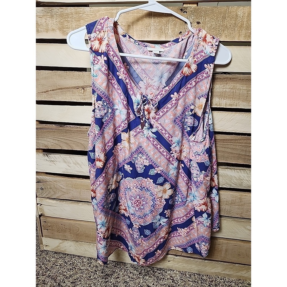 J. Jill Size XL Floral Pink Blue Coral Tie Neck Top Blouse Women